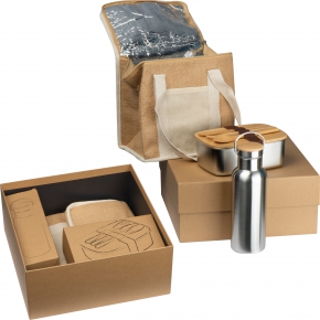 Gift set with drinking bottle, lunch box and jute cooler bag REIMS