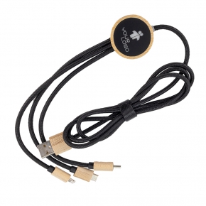 3-in-1 cable with elighted logo in a wooden casing, LH-ZMU06