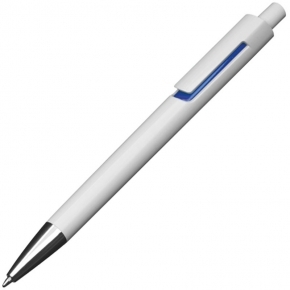 Kunststoffkugelschreiber weiß mit farbigen Applikationen und blau schreibender Großraummine