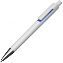 Kunststoffkugelschreiber weiß mit farbigen Applikationen und blau schreibender Großraummine