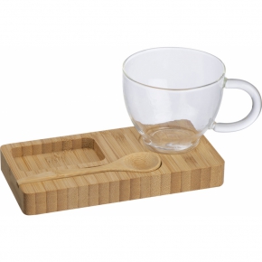 Bamboo tray with spoon and glass mug 150 ml