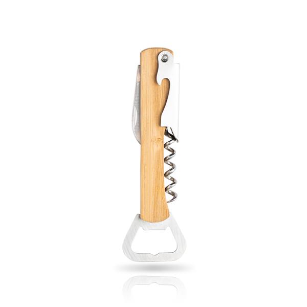 Bamboo and stainless steel corkscrew, with bottle opener and pocket knife