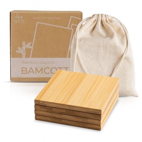 Set of 4 bamboo coasters with cotton pouch / Bamcott